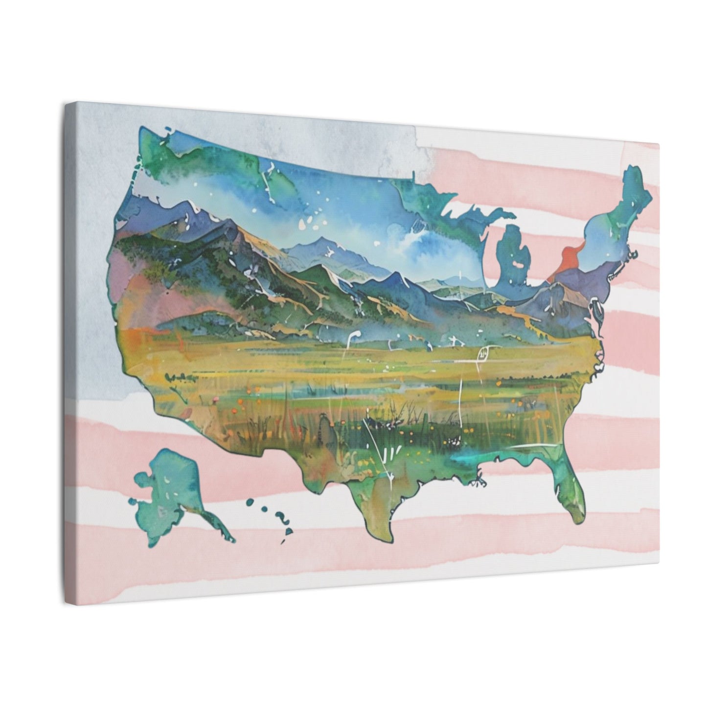 USA Map Watercolor Style Wall Art with American Flag Print