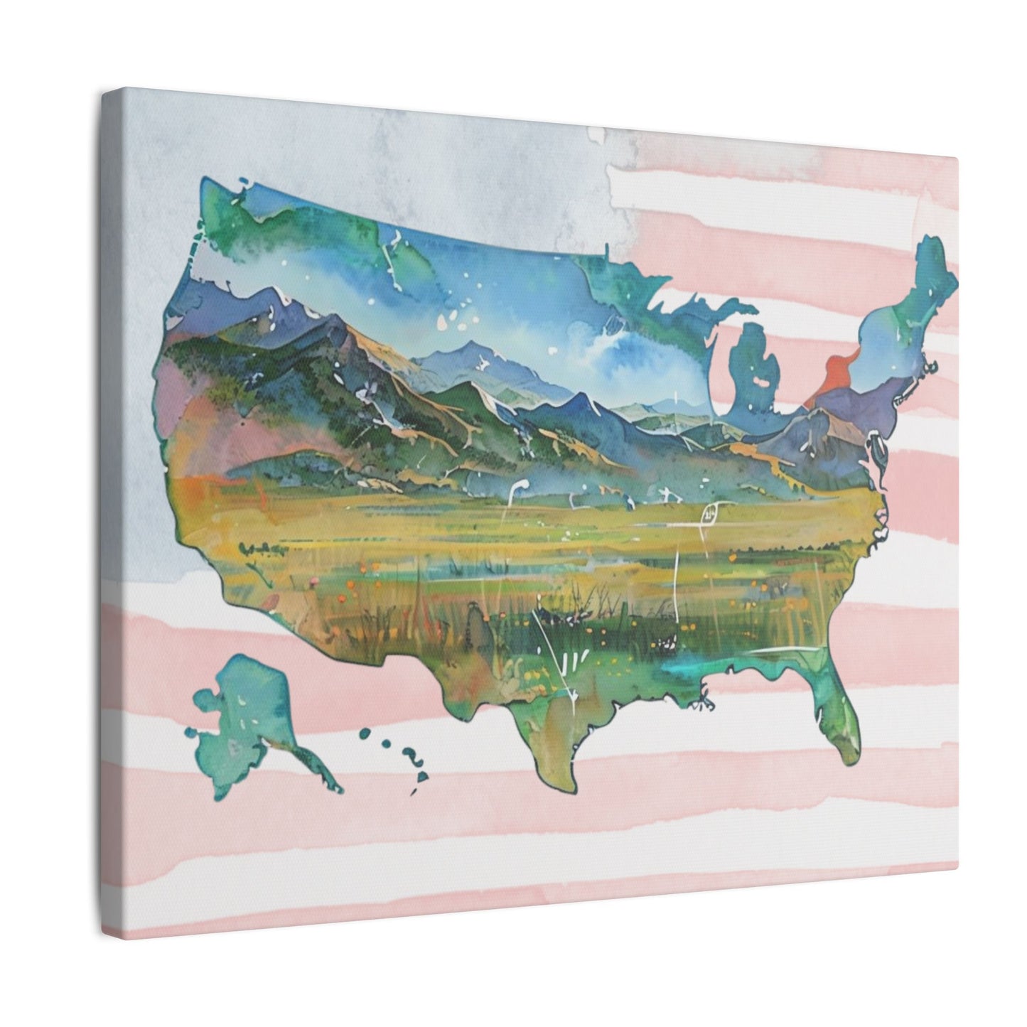 USA Map Watercolor Style Wall Art with American Flag Print