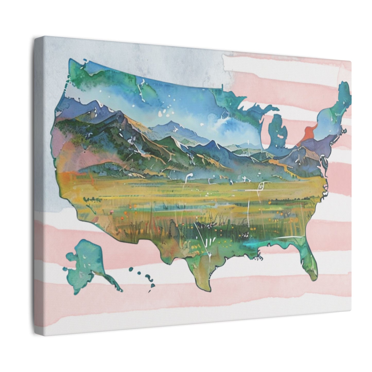 USA Map Watercolor Style Wall Art with American Flag Print