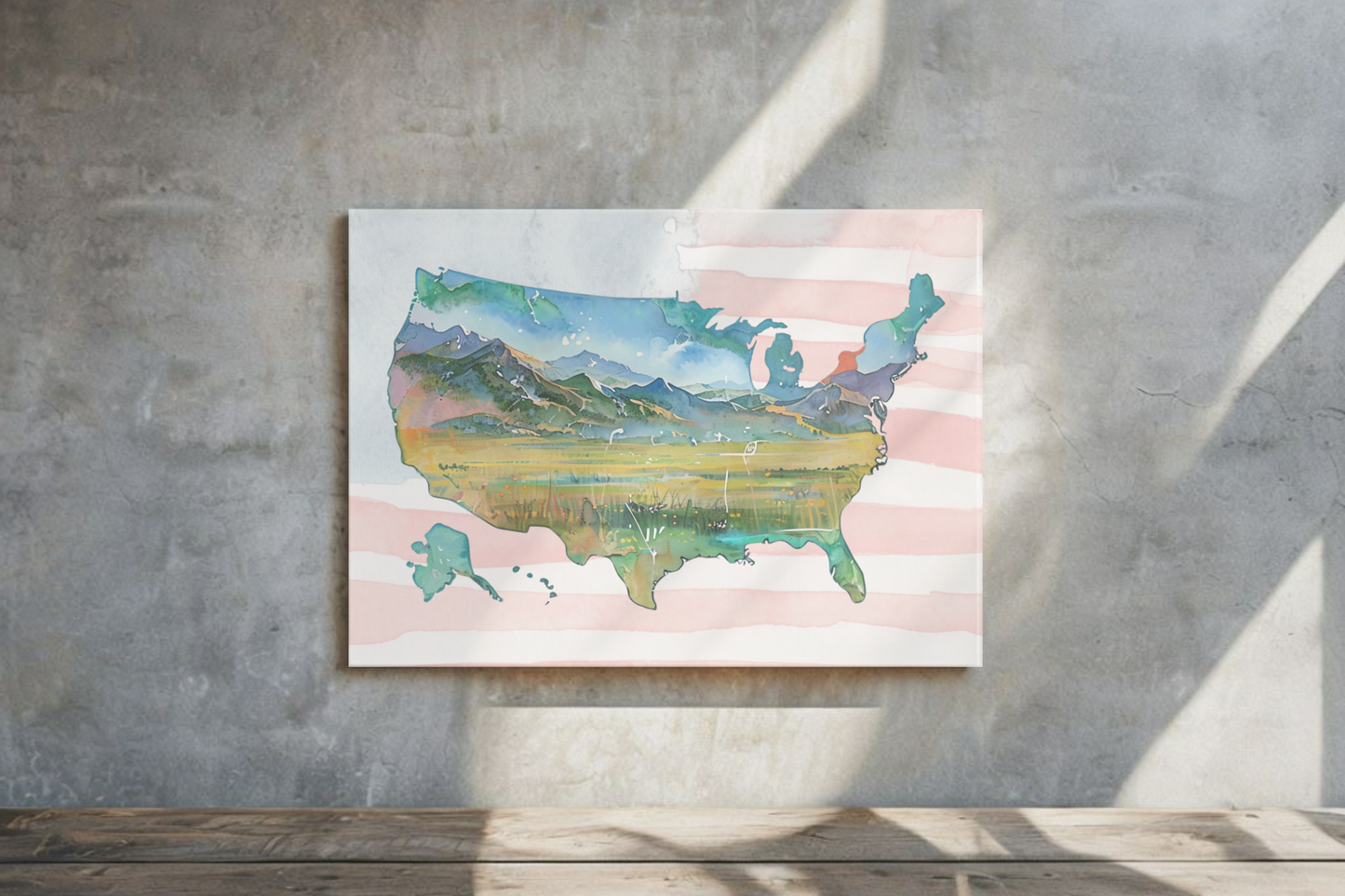 USA Map Watercolor Style Wall Art with American Flag Print